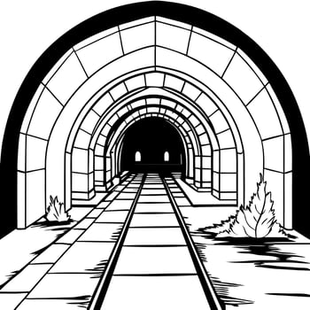 old urban underground tunnel, abandoned dark scary passage like sewer, illustration line art vector