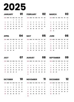 Calendar 2025 week start Sunday business corporate design template . Wall calendar 2025. vector
