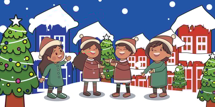 Flat illustration of children wearing Christmas sweaters, wearing red hats and shoes. greet each other and happily welcome winter and Christmas Day, December 25, New Year. vector
