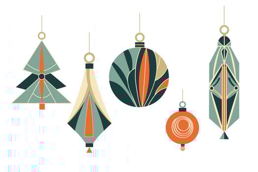 Christmas glass tree toys in Art Deco style. Hand drawn doodle with flat elegant festive New Year decor. Modern winter Xmas set for design, flyer, paper, card, poster, print, congratulation vector