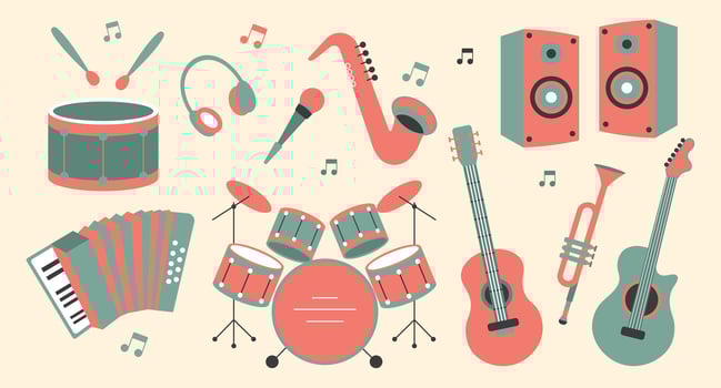 Set of musical instruments, saxophone, drums, guitars, accordion, trumpet, microphone. Retro style illustration vector