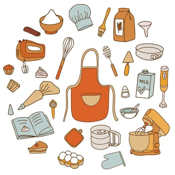 Colorful Collection of Baking Accessories. Set of Kitchen Accessories for Cooking in Doodle Style on White Background. . vector