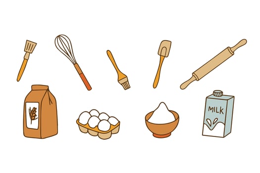 Colorful Collection of Baking Accessories. Set of Kitchen Accessories for Cooking in Doodle Style on White Background. . vector