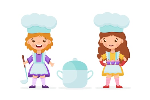 Girl Chef with Ladle and saucepan. Cute little girl chef holds a cupcakes on the tray. vector