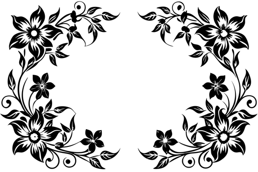 A symmetrical leaves design features intricate black leaf and flower patterns, framing an open space in the center. cutouts png