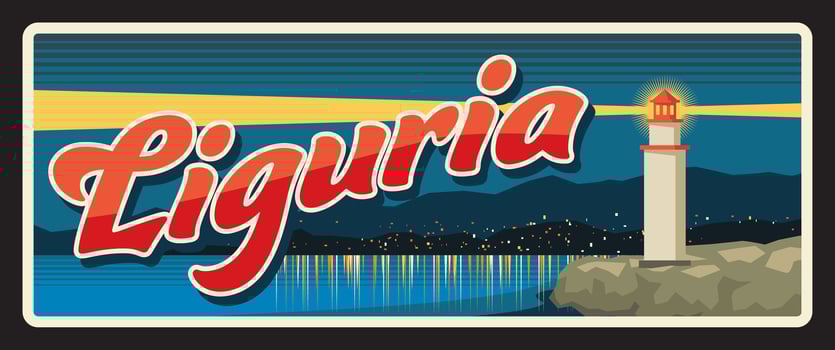Liguria Italian region, Italy retro travel plate vector