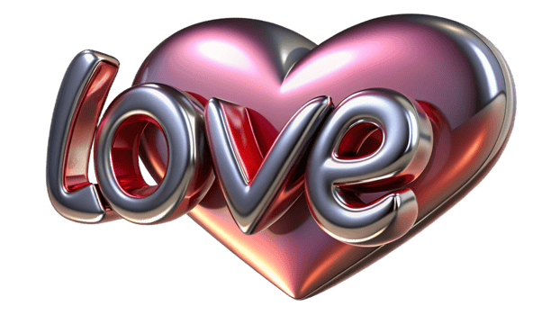 3d chrome hearts with love text isolated on transparent background png