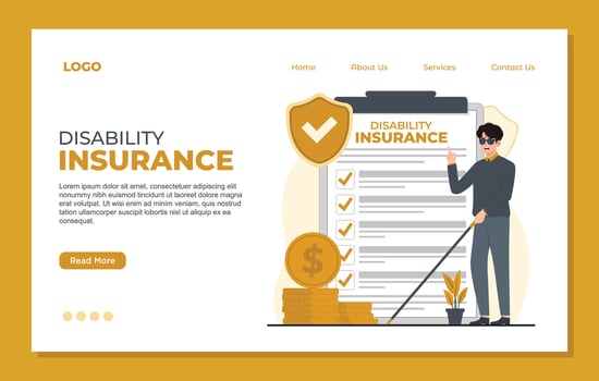 Disability insurance landing page template concept. blind Man in safety glasses and gloves standing near claim form. illustration in flat style vector