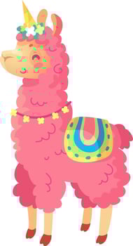 This cheerful pink llama features a colorful party hat and floral accessories embodying a playful spirit perfect for festive occasions in a vibrant cartoon setting vector