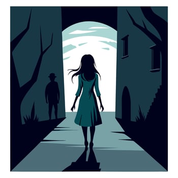 A woman walking through an alleyway with a man in the background vector