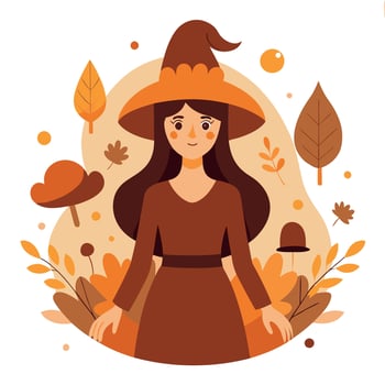 A girl in a witch hat surrounded by autumn leaves vector