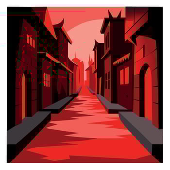 An illustration of a red alleyway with a red moon vector