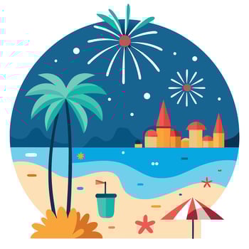 A beach scene with palm trees and fireworks vector