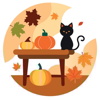 A black cat sits on a table with pumpkins and leaves vector