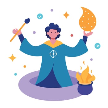 Magician with a pot of magic, flat style illustration vector