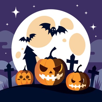 Halloween pumpkins and bats in the night sky vector