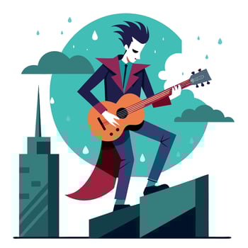 A cartoon joker playing guitar in the rain vector