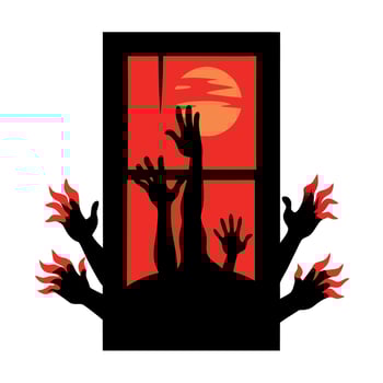 A red and black window with hands reaching out vector
