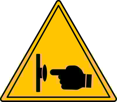 Yellow Sign Emergency Stop Push Button. Evacuation Sign. Index Finger Pressing the Button. Industrial Safety, Observe the Rules of Work at the Facility. Emergency Situation vector