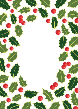 Holiday Card and Invitation Template with Holly Leaves and Berries. Oval Frame Background vector