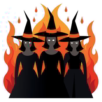 Three witches with the wicthes hats. Fire at background vector