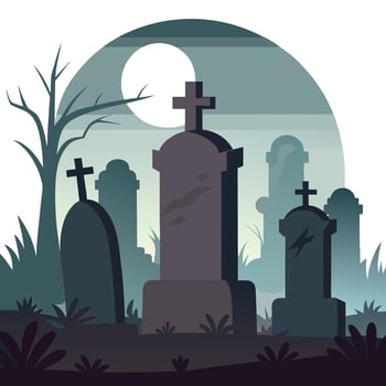 Tombstones in an old abandoned cemetery on a foggy sunny day. vector