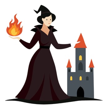 A witch holding a fire and a castle vector