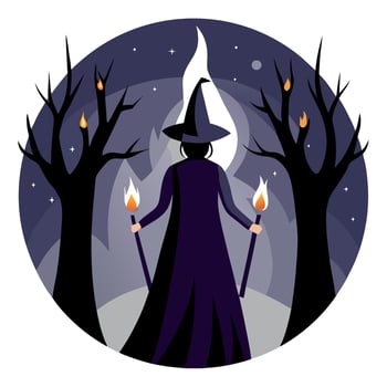 A witch with a broom and two torches in the forest vector
