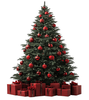 Festive Christmas tree decorated with red ornaments and surrounded by beautifully wrapped gifts png