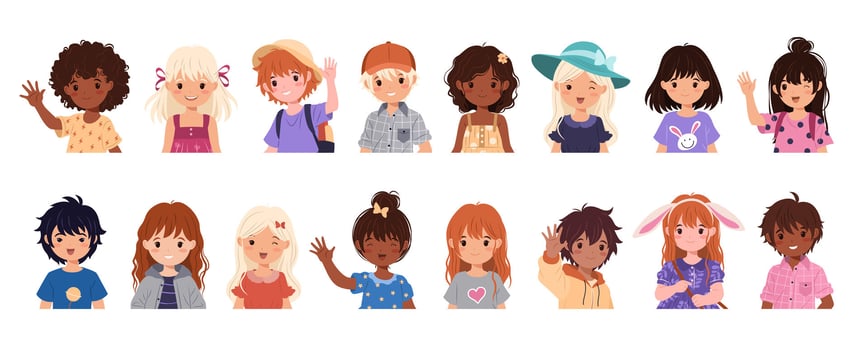 Cute Children Head Portrait Set. Funny boys and girls avatars in casual clothes. Preschool and school child characters of different nationalities. Isolated flat illustrations on white. vector