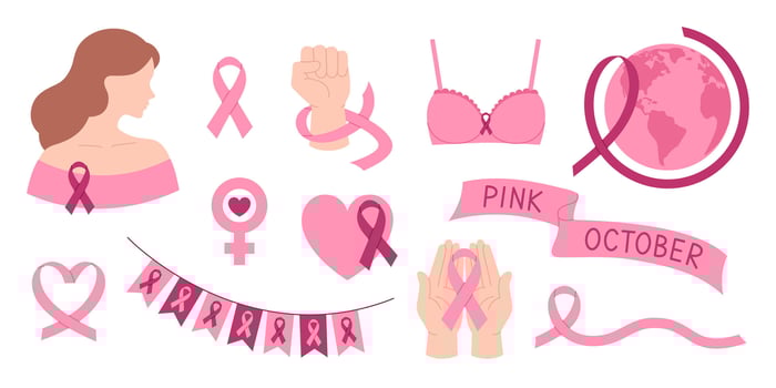 Breast cancer awareness elements set. Pink october month. Pink ribbons, woman, bra, hands, hearts, flags and earth. Flat illustration isolated on white background vector