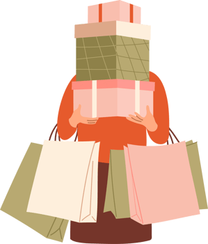 Shopping. Girl with bunch of packages and gift boxes png