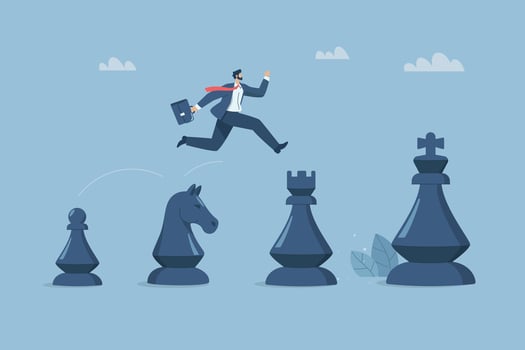 A systematic step by step movement, Strategic confidence in a business challenge, Businessman leaping over chess pieces one step at a time to grow or succeed in his business. illustration. vector