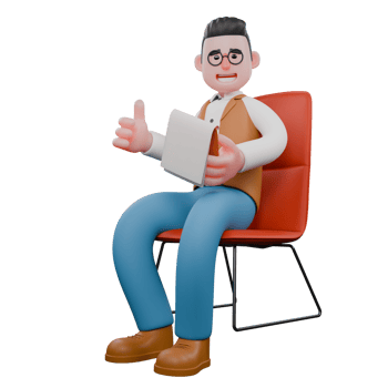 Professional Human Studies Specialist Character. A male anthropologist is sitting in a chair holding a clipboard and raising his thumb. 3D Male Model png