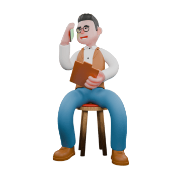 3D Male Ethnology Expert. A male anthropologist is sitting on a bar stool while answering an incoming call on his cellphone and carrying a clipboard. Illustrated Human Studies Character png
