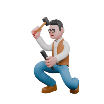 Animated Male Anthropologist. A male anthropologist is sitting crouched holding a hammer and chisel. 3D Sociological Study Expert png