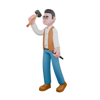 3D Animated Anthropologist. A male anthropologist is standing while lifting a hammer and carrying a chisel. Male Ritual Studies Expert png