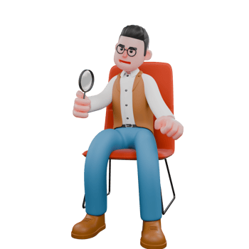 Animated Professional Anthropologist. A male anthropologist is sitting holding a magnifying glass. 3D Male png