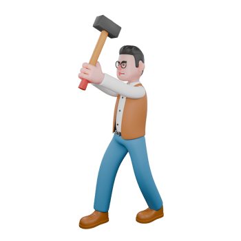 Illustrated Cultural Expert. A male anthropologist is standing while raising a large hammer above his head with both hands. 3D Male Anthropologist png