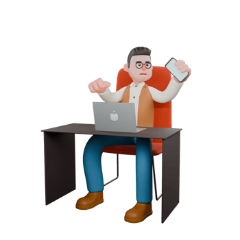 Professional 3D Cultural. A male anthropologist is sitting at his desk chair with a laptop in front of him and he is showing his cellphone screen.Male png
