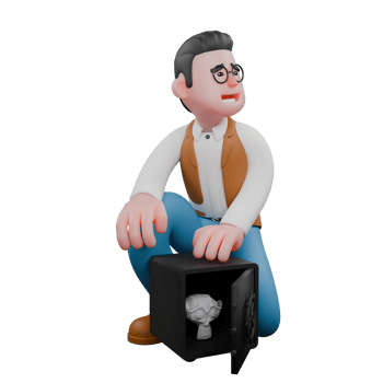 Professional Cultural Male. A male anthropologist is squatting while carrying a safe containing a sculpture. 3D Anthropologist Illustrated png