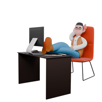 Male Anthropologist in 3D Animation. A male anthropologist is sitting on his desk chair with a monitor screen in front of him and his legs folded on the table and his right hand is used as a pillow. png
