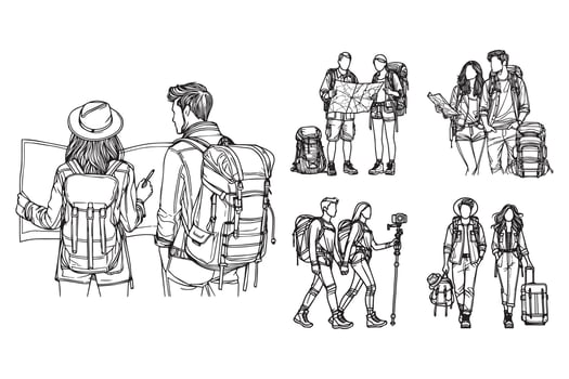 Hand-drawn clipart featuring a couple with trekking gear vector