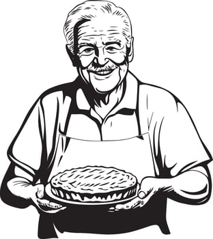 Smiling senior man holding pumpkin pie clean simple silhouette black vector