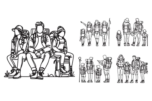 Line Art Family Adrenaline Adventure Use Trekking Equipment Art Black and White Illustration Hand Drawn Clipart vector
