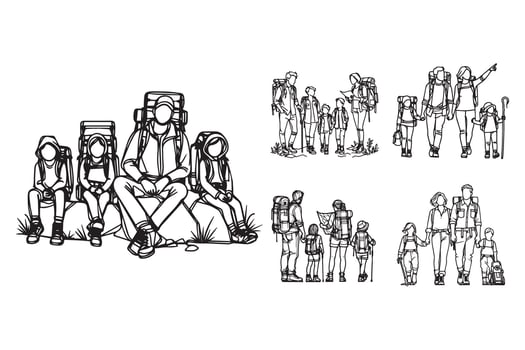 Line art depicting a family enjoying an adrenaline-filled adventure vector