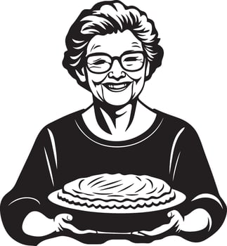 Smiling senior woman holding pumpkin pie for thanksgiving clean simple icon silhouette black vector