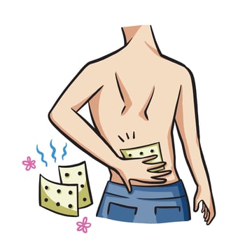 Hand putting pain relief patch or koyo on human back colorful illustration isolated on square white background. Simple flat cartoon art styled drawing. vector