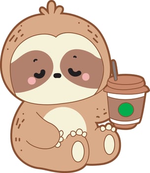Sloth with a cup of coffee. Twitch emote cute sloth icon. Funny baby sloth animal series stock illustration. Slow life of fluffy sloth designs. vector