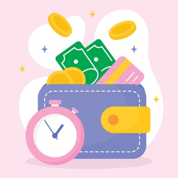 wallet with a stopwatch, money, and a credit card vector